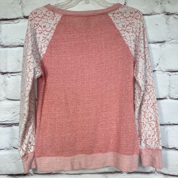 Philosophy Island Pink Coral Heather Sweater with Lace Overlay Sleeves SZ M - Picture 3 of 9